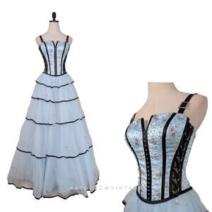 Vintage Prom Dress 2 Blue Maxi Ball Gown Y2K Fairy Princess Goth Corset Bead